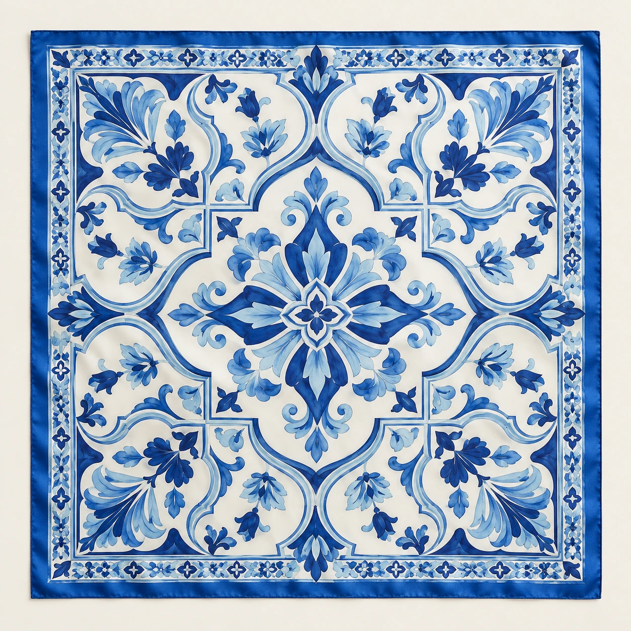 Sky blue, cobalt and white mosaic geometry silk square scarf