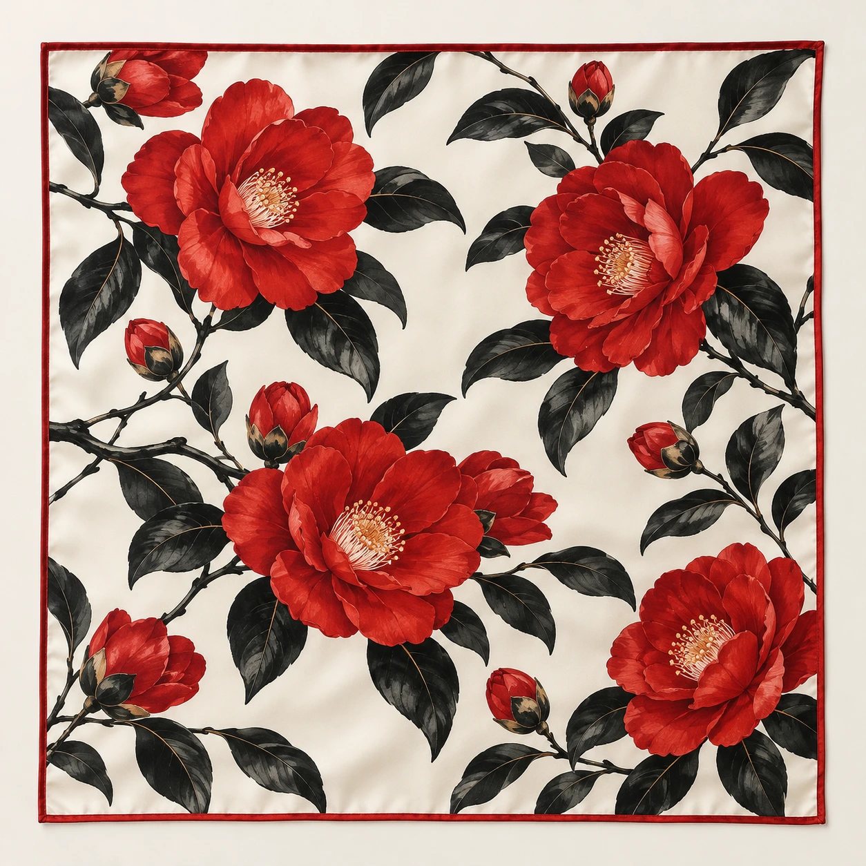 Warm white with red camellias and ink accents silk square scarf