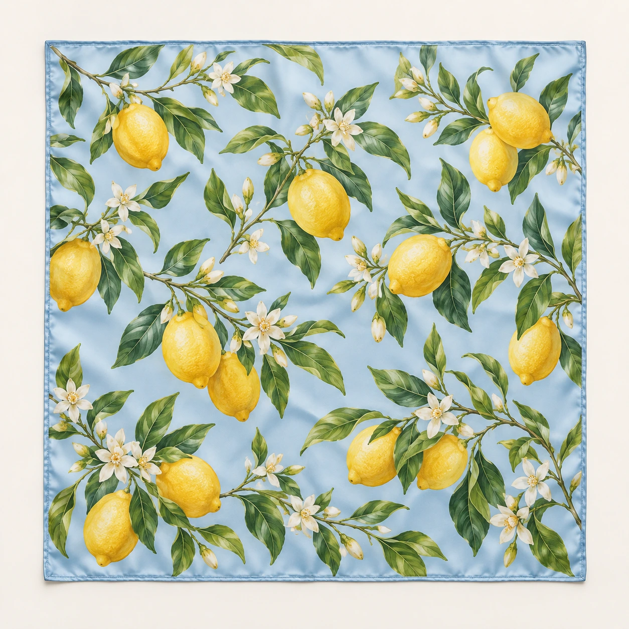 Pale blue with yellow lemons and green leaves silk square scarf
