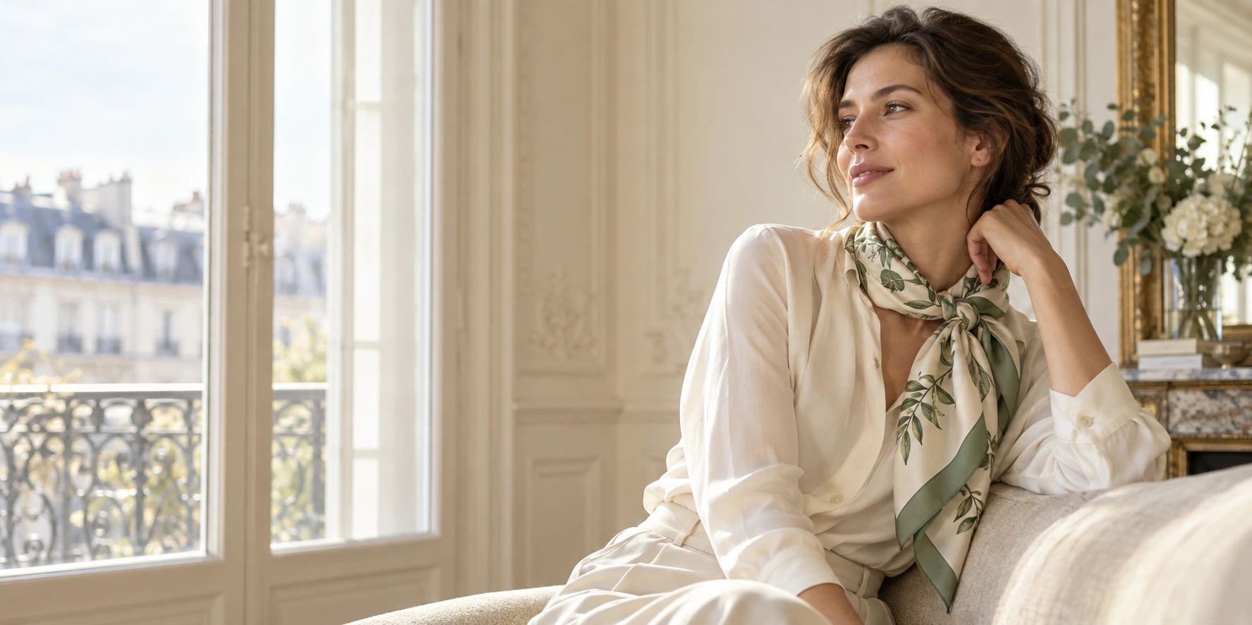 Ivory and sage printed silk scarf styled with a neutral blouse in a light interior