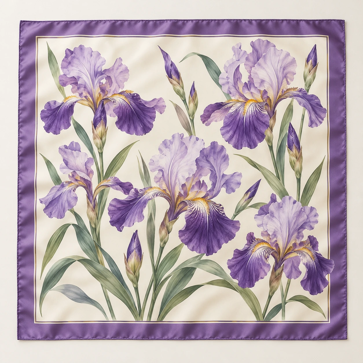 Ivory with lavender irises and a purple border silk square scarf