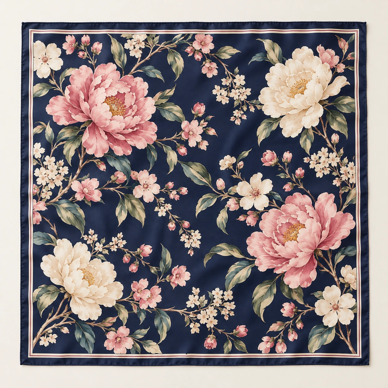 Navy with pink and cream flowers silk square scarf