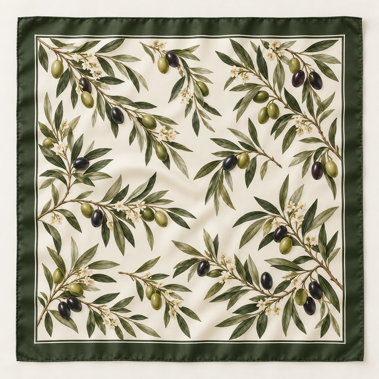 Ivory with olive branches and a dark green border silk square scarf